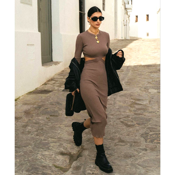 ZARA CUT-OUT RIBBED KNIT DRESS MINK BROWN - Picture 6 of 16